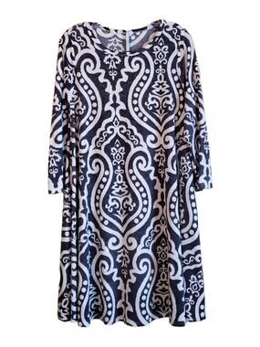 BELLAMIE Women's M Swing Dress Gray White 3/4 Sleeve Pockets Bust 36"